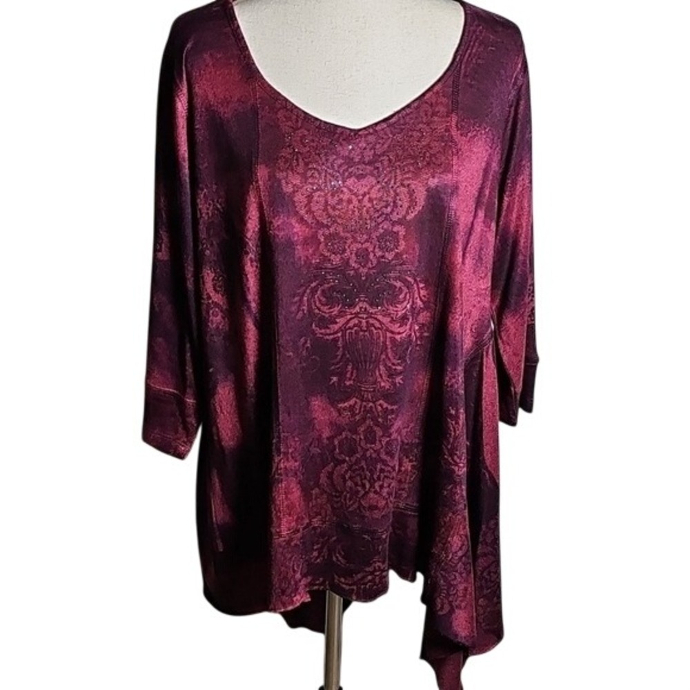 One World Stretchy Asymmetrical Burgundy Women's Tunic Top Wine Color Size 2X - Picture 2 of 10